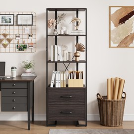 GAOMON 4 Tier Bookshelf with Storage Drawers,70.9 Inch Tall Industrial Book Shelf with Open Display Shelves,4 Shelf Bookcase with Metal Frame for Living Room, Bedroom,Office