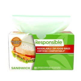 Responsible Products Certified Compostable SANDWICH Resealable Zip Bag, Extra Strength Food Bags, Plant-Based Freezer-Safe (68 Pack)