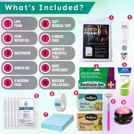 Lipo Surgery Recovery Kit (21 Piece Set) - Liposuction Recovery Supplies Post Surgery Care | 360 Massage Roller, ABD Pads, Lipo Foam, Scar Repair Gel, Bromelain Arnica Teas & More