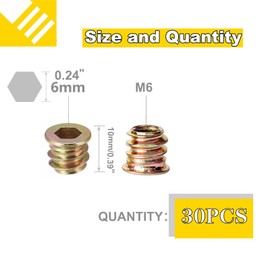 YiYFiT M6 x 10mm Furniture Thread Insert Nuts, 30 Pieces Zinc Alloy Threaded Bolts Mounting Interface Hex Drive Thread Insert Nuts for Wooden Furniture