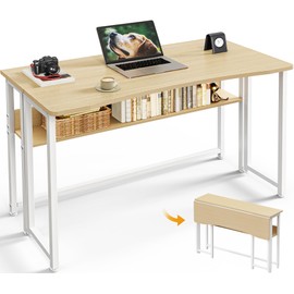 Huuger Folding Desk with Storage Shelf, 39.3 Inch Foldable Computer Table for Small Spaces, Space Saving Sofa Table for Couch, Writing Work Office Computer Desk, Easy to Fold, Oak