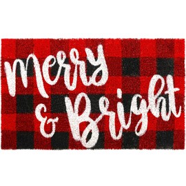 Whaline Christmas Door Mat Natural Coir Door Mat with Non-Slip PVC Backing Xmas Merry & Bright Red Black Plaid Welcome Mat for Indoor Outdoor Bathroom, 16.5 x 29 Inch