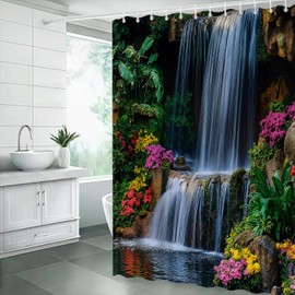 MYYJYY Waterfall Shower Curtain Rainforest Palm Leaves Floral Forest Nature Jungle Scenery Landscape 70" Wx70 H Fabric Bathroom Decor Curtain with Hooks