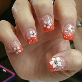 Press on Nails Extra Short Square SWEKKE Orange French Tip False Nails with White Floral Designs Full Cover Glossy Glue on Nails Spring Summer Flower Acrylic Nails for Women Girls 24 Pcs