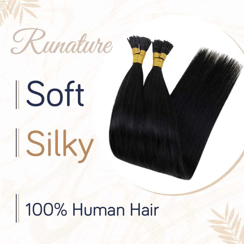 RUNATURE I Tip Hair Extensions for Women Black Human Hair