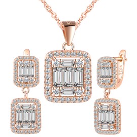 Yumilok Round Square Women 925 Sterling Silver women Jewelry Set Necklace Dangle Earrings for Bride Bridesmaid Cubic Zirconia rose gold