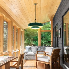 Qepeety Mid Century Pendant Light, Green Chandelier Hanging Light,2 Layer Metal Shade, 13.8" Dome Design, Flush Mount Light Fixture for Dining Table Kitchen Island Hallway,1-Light