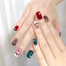 Press on Nails Short Christmas Red,Simple Christmas French Tips False Nails Glue on Nails, Oval Square Acrylic Full Cover Autumn Winter Stick on Nails for Women Girls Manicure Decoration,Red-yeti