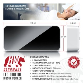 CSL - digitaler Wecker - mit Netzteil und extra großem 2200 mAh Akku – Musikwecker Reisewecker – 13 Songs und Klingeltöne - Temperaturanzeige - 2 Alarme – Schlummerfunktion – dimmbar