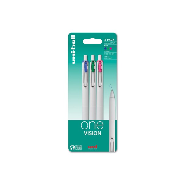 uni-ball On Point One Vision Writing Gel Pens 3 Pack in Blue, Green and Pink