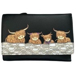 Mala Leather Highland Cow Family Large Trifold Soft Leather Purse (Black)