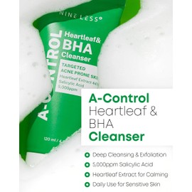 NINELESS A-Control Heartleaf & BHA Cleanser – Gentle Exfoliating Foam with Salicylic Acid for Clear Skin - Korean Face Wash, Blackhead Remover, Deep Pore Cleansing, 4.05oz.