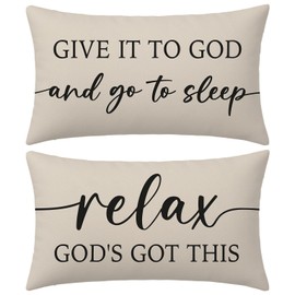 HERHOME Christian Pillow Covers 12x20 Inch Set of 2 – Warm Cream Lumbar Case – Relax God’s Got This/Give It to God and Go to Sleep – Neutral Faith Throw Pillows Cases for Bed or Couch
