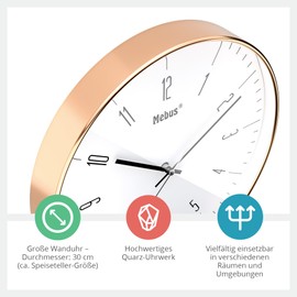 Mebus 18951 White Copper Metal Effect Quartz Wall Clock - High Quality Quartz Movement - 30cm Diameter