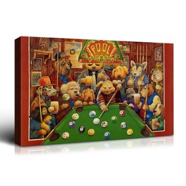 YONICA Wall Canvas Painting of Pet Dogs Playing Billiards, Wall Art Decor Painting Prints Picture Dogs Party Framed Stretched Printed on Canvas for Home Living Room Bedroom Office 16 X 12 Inches