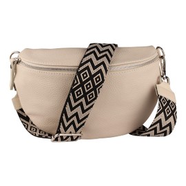 MIRROSI® Women's Bum Bag, Genuine Leather, Made in Italy, Shoulder Bag, Chest Bag, Crossbody Bag (1 Bag & 2 Straps), Beige (Bohemian Beige Black), Bohemian