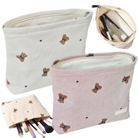 KuuGuu 2 PCS Travel Makeup Bag Large Capacity Cosmetic Bag Bear Corduroy Zipper Toiletry Case Waterproof Pencil Case Soft Wallet for Storage Bags Accessories for Women (Beige, Pink)