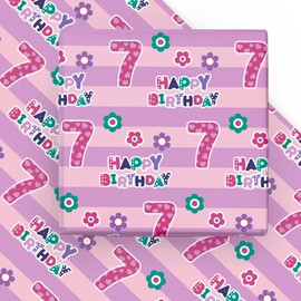 WRAPAHOLIC 7th Birthday Wrapping Paper Sheet - 6 Sheets Pink Happy Birthday with Floral Design Folded Flat for Birthday, Party, Baby Showers - 19.7 Inch X 27.5 Inch Per Sheet