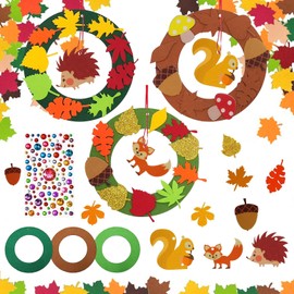 HUIKUANGEU Felt Wreaths for Children, 136 Pieces Autumn Craft Set for Decoration, Autumn Wreaths Craft Set, Autumn Creative Sets for Crafts, Autumn Wreath Craft Set, with Hedgehog Squirrel Fox Pattern