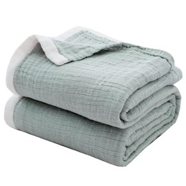 SE SOFTEXLY Cotton Muslin Blankets 4-Layer Blue Blankets for Bed Couch,Thermal Blanket for Adults Lightweight Soft Breathable Throw Blanket for All Season Gauze Blanket(90"x 102",Sage Green)