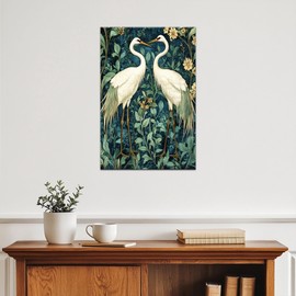 TIMUBA William Morris White Crane Wall Art Framed - William Morris Vintage Botanical Floral Animal Wall Art For Living Room, Art NouveauCanvas Print Wrapped, Pine Wood Frame 18''x24''