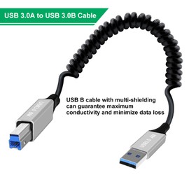 HuaLiSiJi USB 3.0 Druckerkabel Hochgeschwindigkeit 5Gbps USB A auf USB B Spiralkabel für Scanner, Externen Festplatten, Multifunktionsdruckern usw (Typ A, 0.3-0.8m