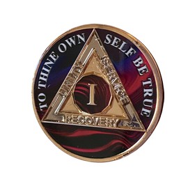 1 Year AA Medallion Purple Red Swirl Tri-Plate Sobriety Chip Serenity Prayer Back