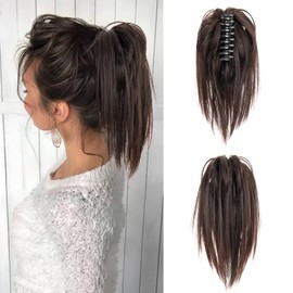 Benehair Claw Clip Messy Bun Hair Piece Straight Hair Bun Clip in Claw Ponytail Hairpieces Synthetic Hair Bun Extension Natural Brown Hair Pieces for Women(Natural Brown, 60g)