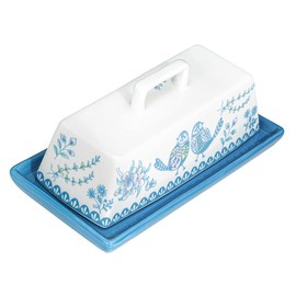 Sizikato Porcelain Butter Dish with Lid, Blue Flower and Bird Pattern-7.5 Inch