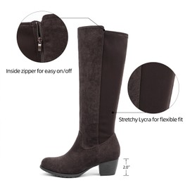 VJH confort Women's Knee High Boots, Round Toe Low Heel Stretchy Comfy Wide Calf Tall Riding Boot(Brown Suede,8)