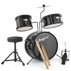 3 Piece Kids Drum Set with Cymbal, 2 Drumsticks, Pedal, 2 Tom,Beginner Junior Drum Kit with Throne Stool, Musical Instruments for Boys and Girls, Black
