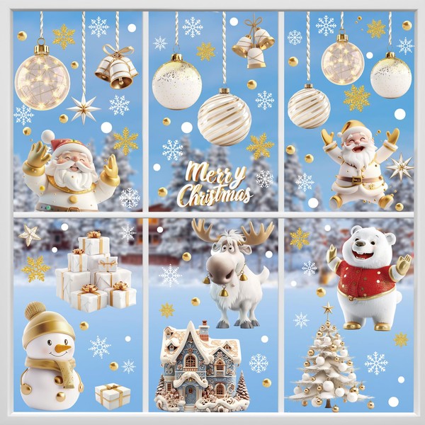 Hianjoo Christmas Window Clings, 9 Sheets 110Pcs White Gold Snowflake