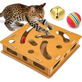 Interactive Wooden Cat Puzzle Toy with Ball and Bell，Indoor Hunting Play Toy to Stimulate Your Cat’s Energy and Instincts,Cat Toy Box for Indoor Cats and Kittens