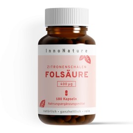 InnoNature Folic Acid Capsules, Natural from Lemon Peel, 180 Capsules, 400 μg Folic Acid Per Capsule, Gluten-Free, Vegan, Vegetable Based