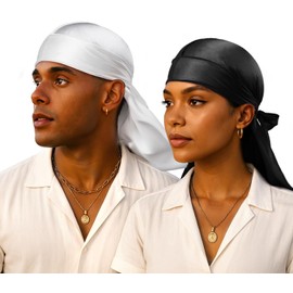 YFONG 2 Pack 100% 22 Momme Mulberry Silk Durag for Men Waves Cap, Shower Cap Do Rags for Men 360 Waves with Long Tail and Wide Straps, Ideal for Wave Hairstyles and Fashionable Outfits,Black + White