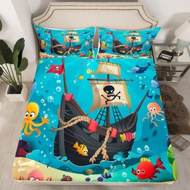 Cartoon Pirate Ship Fitted Sheet Full Size Marine Adventure Bedding Set Girls Boys Adults Underwater Fish Bed Cover Cute Octopus Jellyfish Bed Sheet,2 Pillowcases