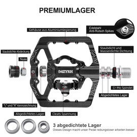 MZYRH MTB Mountain Bike Pedals, Bicycle Pedals with Reflectors, Aluminum 9/16 Inch 3 Sealed Bearings Double Sided Platform Compatible with Click Pedal (Black)