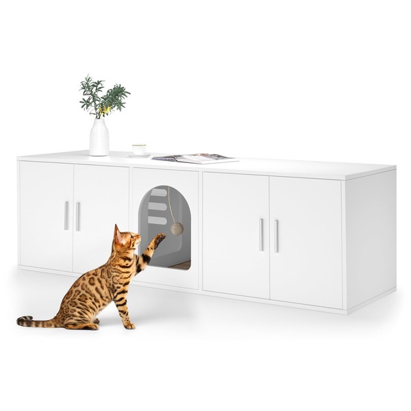 Amunrbrek Litter Box Enclosure for 2 Cats, Cat Litter Box Enclosure Furniture with Double Room, Wooden Litter Box Furniture with Cat Door (White)