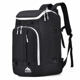 Ski Boot Bag Black Cooler Backpack 50L with Gray Zipper Waterproof Snowboard Travel Luggage Snow Bags for Youth Men Ski Helmet Goggles Gloves Skiing Gear Accessories