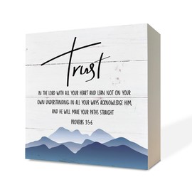 Christian Sign, Scripture Decor, Wooden Box Sign Desk Decor, Inspirational Table Signs with Quotes, Rustic Home Decor, Religious Gifts, Trust In The Lord with All Your Heart - Proverbs 3:5-6