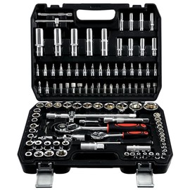 PIRIPARA 108 Piece Mechanics Tool Set Metric And Standard 1/4" & 1/2" Socket Set, Ratchet Set, Universal Joint, Extension Bars, Quick Release Reversible Ratchet Wrench, Plastic Toolbox Storage