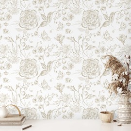 Micpolo Peel and Stick Wallpaper Vintage Floral Wall Paper Boho Contact Paper Bedroom Bathroom Wallpaper Beige and White Removable Self-Adhesive Kitchen Wall Decor Vinyl Roll 17.3" x 197"