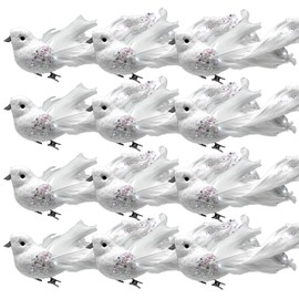 BANBERRY DESIGNS White Feather Doves with Clips - Set of 12 Long Tail Craft Birds - Ornaments - Decorations - Crafting -Each is 6" Long