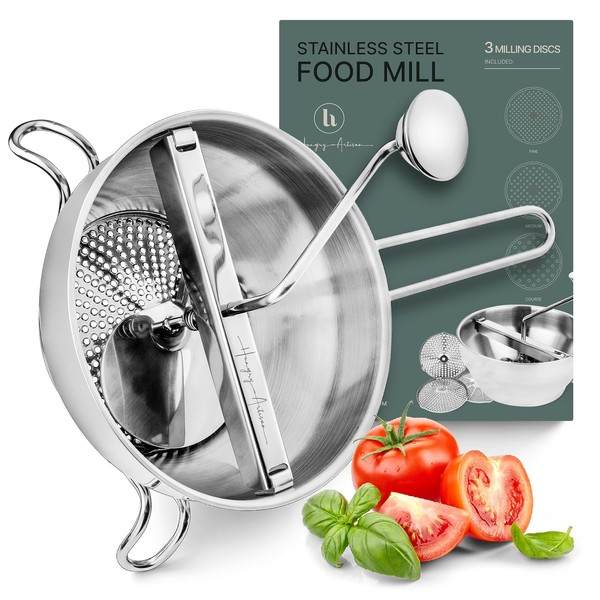 Ergonomic Food Mill Stainless Steel With 3 Grinding Discs, Milling Handle & Bowl - Rotary Food Mill for Tomato Sauce, Applesauce, Puree, Mashed Potatoes, Jams, Baby Food