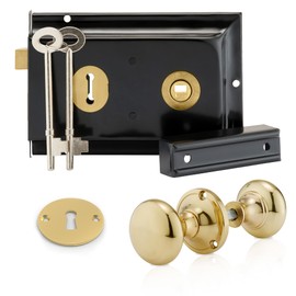 XFORT Premium Range 6"x 4" Traditional Black Rim Lock Set with Polished Brass Rim Knob, Surface Door Lock with Latch, Shed Lock with Key, Vintage Garden Gate Lock, for External Sheds, Gate or Doors