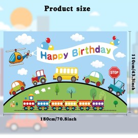 Happy Birthday Backdrop Banner,Transportation Happy Birthday Decorations Backdrop,Car Train Airplane Bus Happy Bithday Banner Decorations,Birthday Party Decorations Supplies for Kids,110 * 180cm
