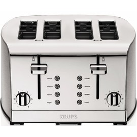 KRUPS: Breakfast Set Stainless Steel Toaster 4 Slice 1500 Watts 6 Brown Settings, Defrost, Reheat, High Lift Lever Silver, Matte and Chrome
