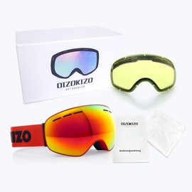 Dizokizo Ski Goggles Interchangeable Spherical Lens for Skiing Snowboard Anti-fog 100% UV Protection Triple Breathable Foams for Women Men REVO Red