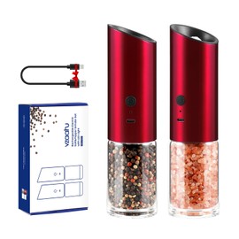 Vzaahu Gravity Electric Pepper and Salt Grinder Set of 2 - Rechargeable, Refillable, Adjustable Coarseness, Stainless Steel Seasalt Peppermill with LED light - One Hand Operation (Red)