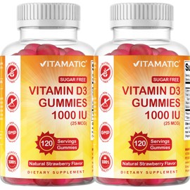 Vitamatic Sugar Free Vitamin D3-120 Pectin Based Gummies Great Taste - Healthy Bones, Mood & Immune System Function - Non-GMO - 120 Servings (1000 IU) - 2 Pack